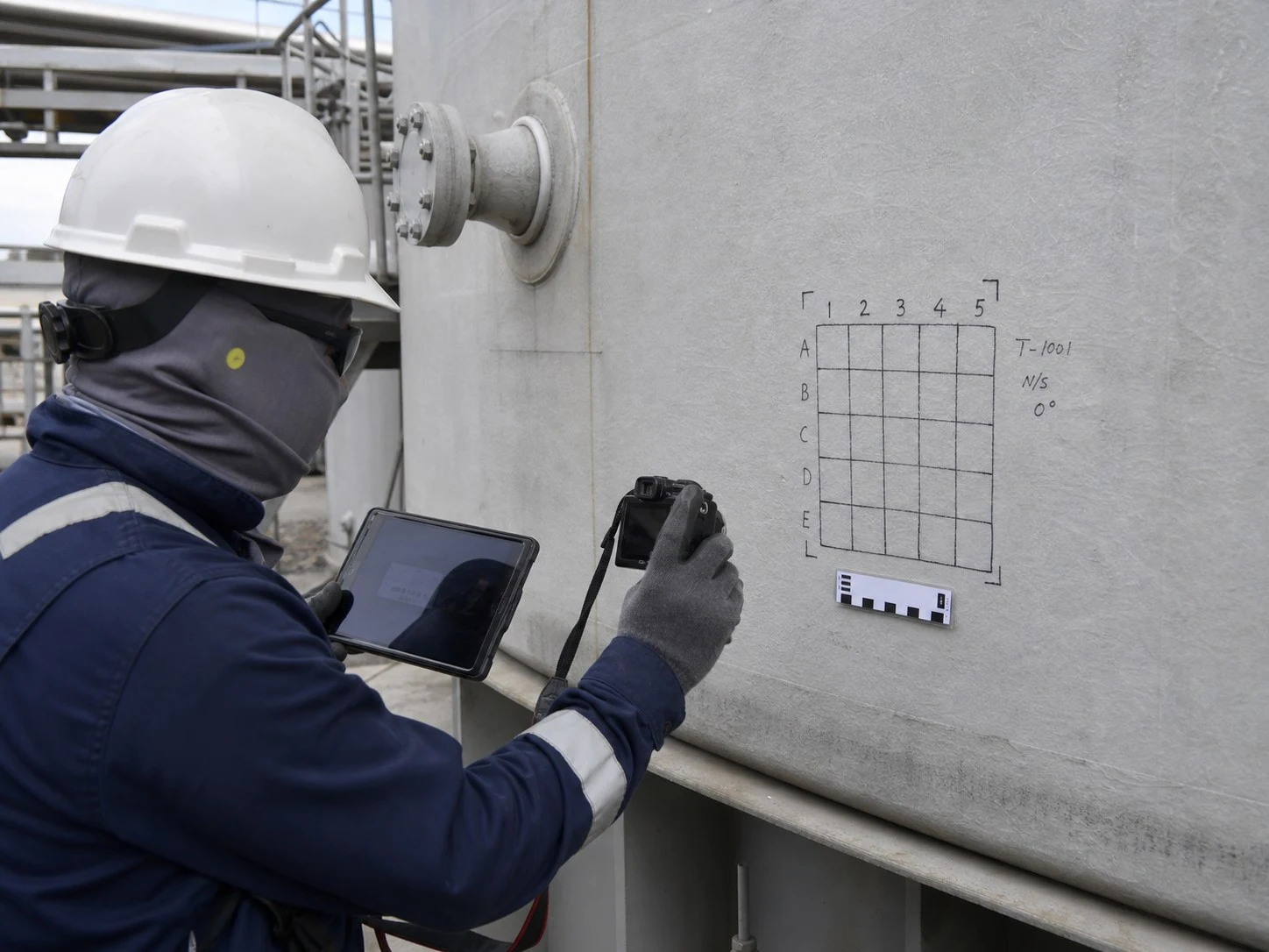 Inspector documenting and photographing a marked area on an FRP tank shell