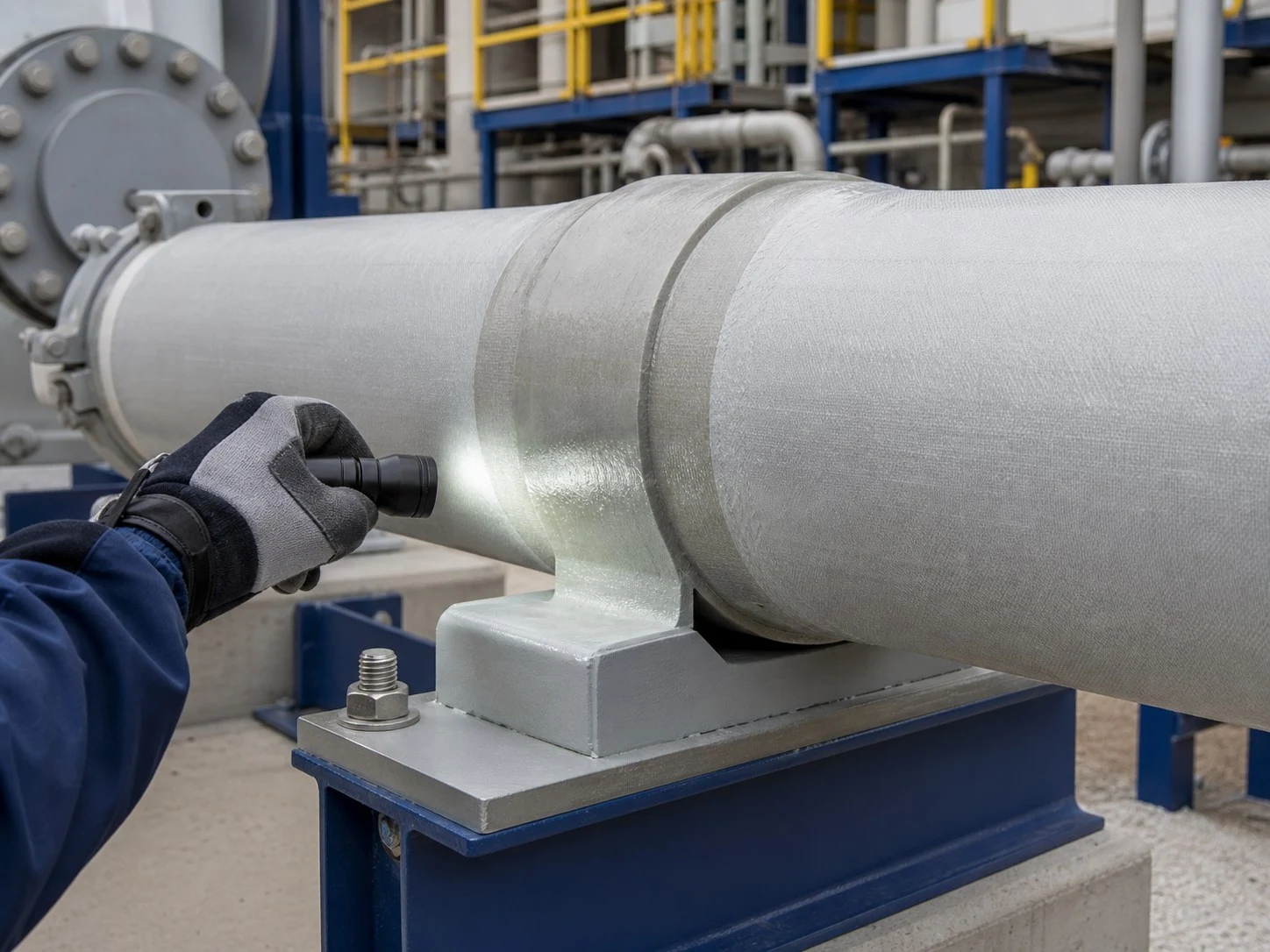 Close-up inspection of an FRP pipe bonded joint, pipe shoe and support