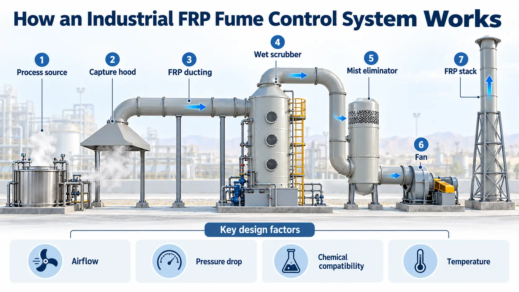 Infographic showing how FRP ducting, a scrubber and a stack work together in industrial fume control